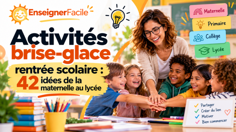 Couverture EnseignerFacile présentant 42 activités brise-glace pour la rentrée scolaire, adaptées aux élèves de la maternelle, du primaire, du collège et du lycée.
