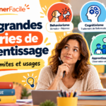 Couverture présentant les cinq grandes théories de l’apprentissage : béhaviorisme, cognitivisme, constructivisme, apprentissage social et humanisme, avec leurs repères et usages pédagogiques.