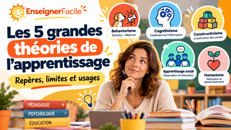 Couverture présentant les cinq grandes théories de l’apprentissage : béhaviorisme, cognitivisme, constructivisme, apprentissage social et humanisme, avec leurs repères et usages pédagogiques.