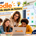 Une enseignante accompagne des élèves utilisant Moodle en classe pour découvrir les activités interactives, le suivi des apprenants, la collaboration en ligne et les parcours personnalisés.