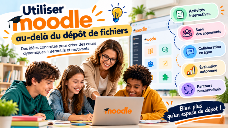 Une enseignante accompagne des élèves utilisant Moodle en classe pour découvrir les activités interactives, le suivi des apprenants, la collaboration en ligne et les parcours personnalisés.