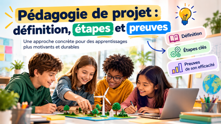 Élèves réalisant un projet collaboratif en classe : une illustration de la pédagogie de projet, de ses étapes clés et de ses bénéfices pour les apprentissages.