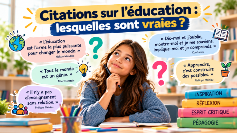 Couverture illustrant des citations célèbres sur l’éducation, attribuées à Nelson Mandela, Albert Einstein, Philippe Meirieu et Confucius, avec une invitation à vérifier leur authenticité.