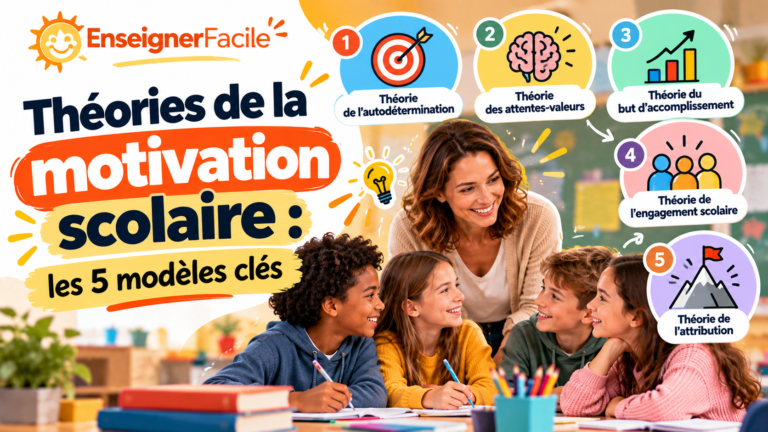Couverture sur les cinq modèles clés de la motivation scolaire : autodétermination, attentes-valeurs, buts d’accomplissement, engagement scolaire et attribution, pour comprendre la motivation des élèves.
