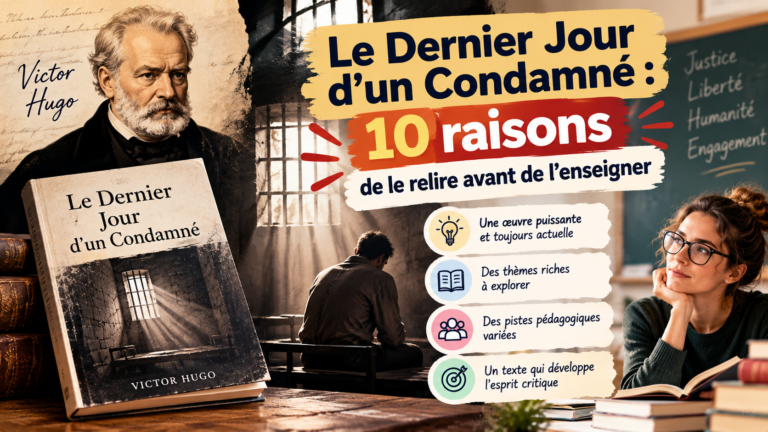 Couverture de l’article sur Le Dernier Jour d’un Condamné de Victor Hugo, présentant dix raisons de relire cette œuvre avant de l’enseigner, autour des thèmes de la justice, de la liberté, de l’humanité et de l’esprit critique.
